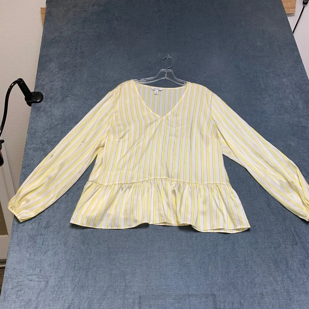 Nine West Shirred Tunic Top Womens XL Yellow White Striped V Neck Long Sleeve